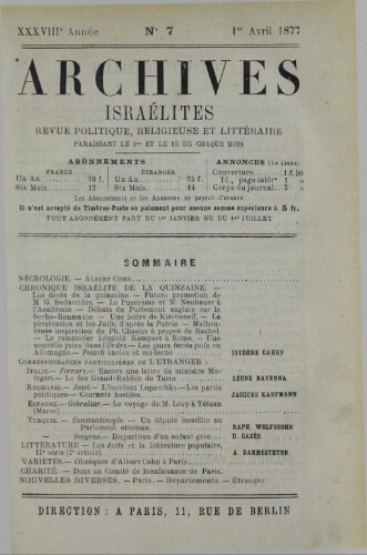 Archives israélites de France. Vol.38 N°07 (01 avr. 1877)